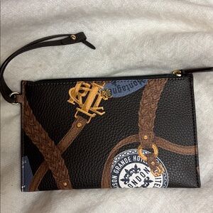 LAUREN RALPH LAUREN Wristlet Purse Brown Zip Leather Tech New